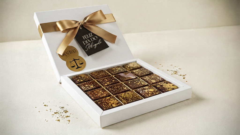 Caixa de bombons personalizada para o Dia do Advogado.
